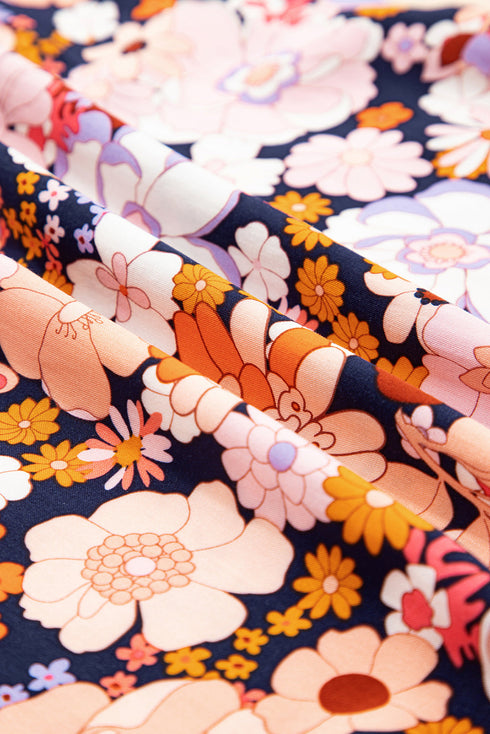 Retro Floral Print Smocked Bodice Wide Leg Jumpsuit